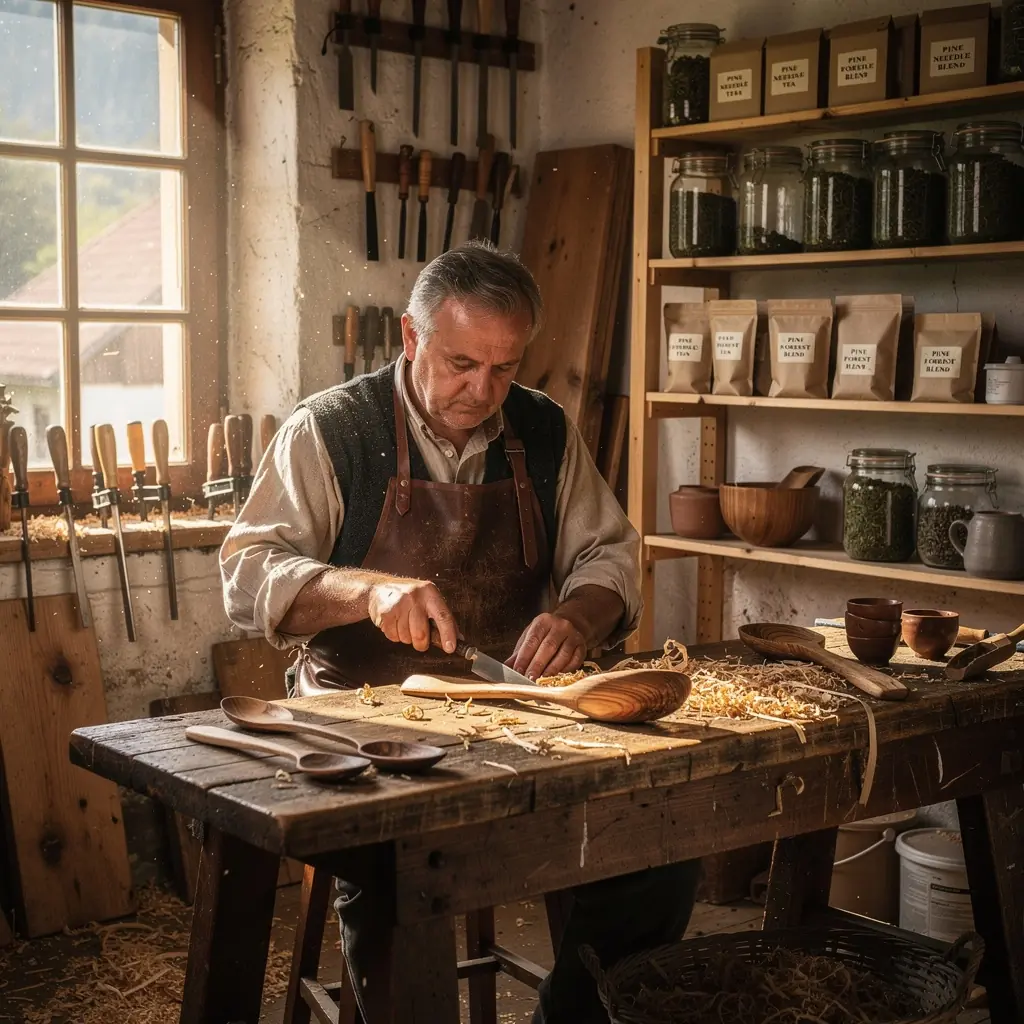 Čaj z borovicových ihličiek v pohári na drevenom stole s lesným pozadím