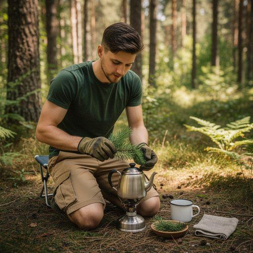 Scéna s borovicovým hájom, kde rastú stromy okolo malebného jazera.