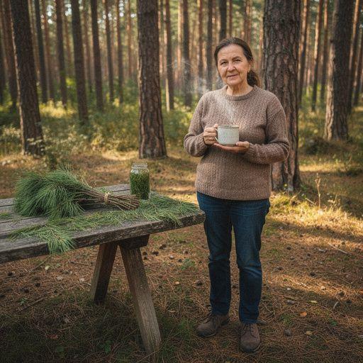 Zmes sušených borovicových ihličiek a byliniek na drevenej doske.